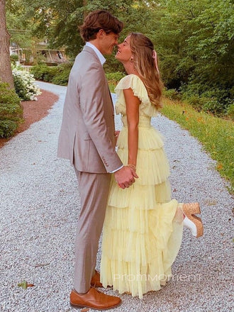Beautiful A-line Yellow Tulle Long Evening Prom Dresses, PM0549
