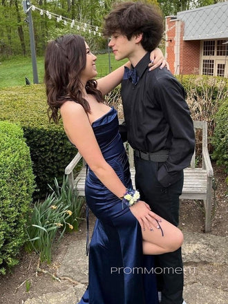 Spaghetti Straps Royal Blue Mermaid Long Evening Prom Dresses, Backless High Slit Satin Prom Dress, PM0550