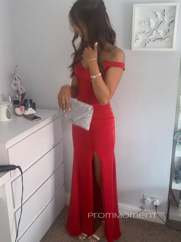 Off Shoulder Side Slit Mermaid Long Evening Prom Dresses, V-neck Red Prom Dress, PM0555