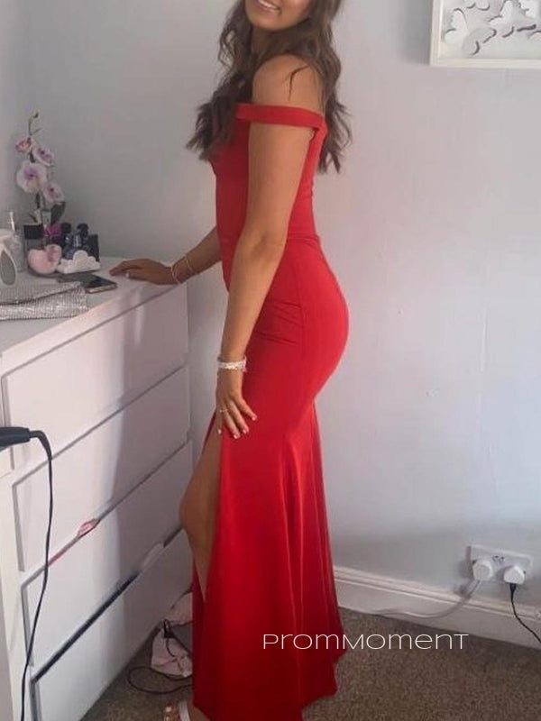 Off Shoulder Side Slit Mermaid Long Evening Prom Dresses, V-neck Red Prom Dress, PM0555