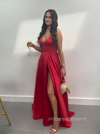 A-line Deep V-neck High Slit Long Evening Prom Dresses, Spaghetti Straps Backless Red Prom Dress, PM0556