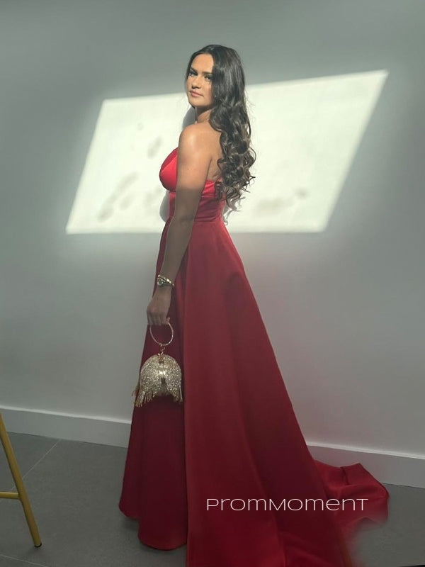 A-line Deep V-neck High Slit Long Evening Prom Dresses, Spaghetti Straps Backless Red Prom Dress, PM0556