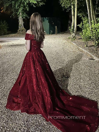 Formal Floor-length Sequins Off Shoulder Long Evening Prom Dresses, A-line Prom Dress, PM0557