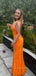Spaghetti Straps V-neck Long Evening Prom Dresses, Backless Mermaid Orange Prom Dress, PM0559