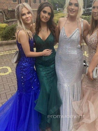 Deep V-neck Spaghetti Straps Mermaid Long Evening Prom Dresses, Backless Sleeveless Prom Dress, PM0562