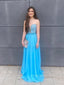 Gorgeous Blue Chiffon A-line Strapless Long Evening Prom Dresses,V-neck Backless Prom Dress, PM0563