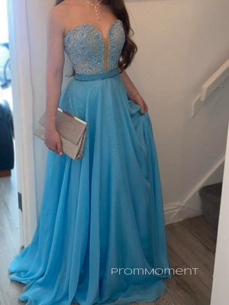 Gorgeous Blue Chiffon A-line Strapless Long Evening Prom Dresses,V-neck Backless Prom Dress, PM0563