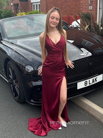 V-neck Side Slit Mermaid Long Evening Prom Dresses, Backless Burgundy Satin Prom Dress, PM0564