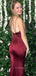 V-neck Side Slit Mermaid Long Evening Prom Dresses, Backless Burgundy Satin Prom Dress, PM0564