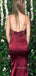 V-neck Side Slit Mermaid Long Evening Prom Dresses, Backless Burgundy Satin Prom Dress, PM0564