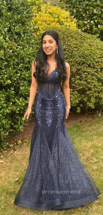 V-neck Sarkly Mermaid Straps Long Evening Prom Dresses, Sheath Sleeveless Prom Dress, PM0565