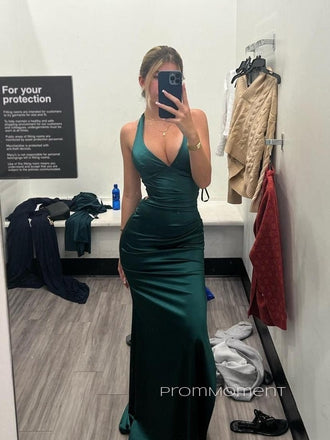 Deep V-neck Sleeveless Mermaid Backless Long Evening Prom Dresses, Straps Sheath Satin Prom Dress, PM0567