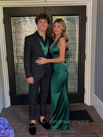 Deep V-neck Sleeveless Mermaid Backless Long Evening Prom Dresses, Straps Sheath Satin Prom Dress, PM0567