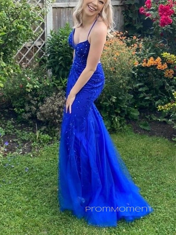 Deep V-neck Spaghetti Straps Mermaid Long Evening Prom Dresses, Royal Blue Backless Prom Dress, PM0568