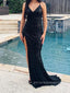 Black Sequins Spaghetti Straps Mermaid Long Evening Prom Dresses, High Slit Sleeeveless Prom Dress, PM0569