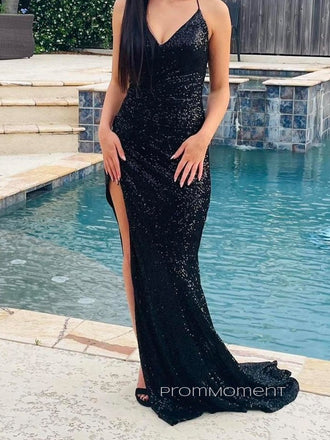 Black Sequins Spaghetti Straps Mermaid Long Evening Prom Dresses, High Slit Sleeeveless Prom Dress, PM0569