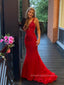 Deep V-neck Straps Backless Mermaid Long Evening Prom Dresses, Sheath Red Floor-length Prom Dress, PM0572