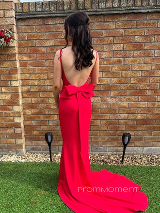 V-neck Spaghetti Straps Mermaid Floor-length Long Evening Prom Dresses, Beautiful Backless Red Prom Dress, PM0573