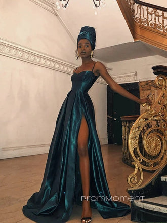 A-line Spaghetti Straps High Slit Long Evening Prom Dresses, Sleeveless Backless Prom Dress, PM0574