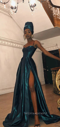 A-line Spaghetti Straps High Slit Long Evening Prom Dresses, Sleeveless Backless Prom Dress, PM0574