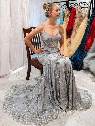 Deep V-line Spaghetti Straps Mermaid Long Evening Prom Dresses, Sheath Backless Sleeveless Prom Dress, PM0575
