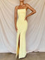 Spaghetti Straps Yellow Mermaid Long Evening Prom Dresses, Sexy Backless Side Slit Prom Dress, PM0578