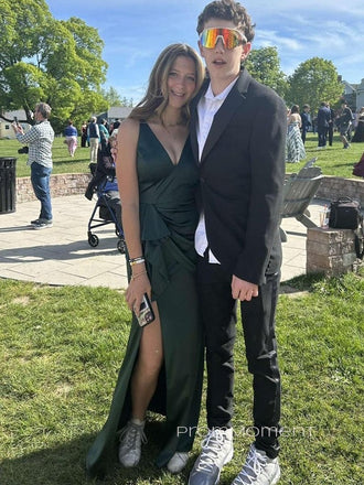 V-neck Straps Side Slit Mermaid Long Evening Prom Dresses, Sleeveless Satin Prom Dress, PM0579