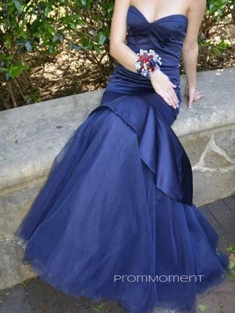 Strapless Sweetheart Sleeveless Mermaid Long Evening Prom Dresses, Satin Tulle Prom Dress, PM0583