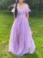 Purple A-line Off Shoulder Long Evening Prom Dresses, Beautiful V-neck Prom Dress, PM0586