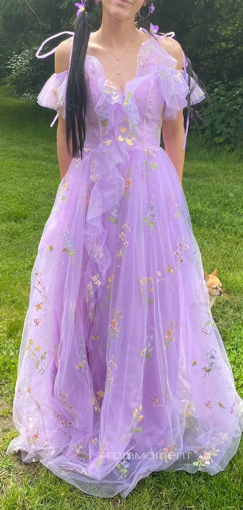 Purple A-line Off Shoulder Long Evening Prom Dresses, Beautiful V-neck Prom Dress, PM0586