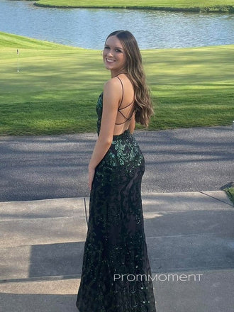 V-neck Spaghetti Straps Backless Mermaid Long Evening Prom Dresses, Sequins Sleeveless Prom Dress, PM0588