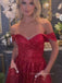 Off Shoulder V-neck Sparkly Long Evening Prom Dresses, Red A-line Prom Dress, PM0589