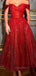 Off Shoulder V-neck Sparkly Long Evening Prom Dresses, Red A-line Prom Dress, PM0589