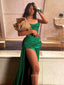 High Slit Strapless Sleeveless Long Evening Prom Dresses, Green Satin Prom Dress, PM0592