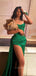 High Slit Strapless Sleeveless Long Evening Prom Dresses, Green Satin Prom Dress, PM0592
