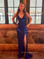 Deep V-neck High Slit Mermaid Sparkly Long Evening Prom Dresses, Straps Sleeveless Prom Dress, PM0594