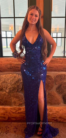 Deep V-neck High Slit Mermaid Sparkly Long Evening Prom Dresses, Straps Sleeveless Prom Dress, PM0594