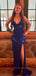 Deep V-neck High Slit Mermaid Sparkly Long Evening Prom Dresses, Straps Sleeveless Prom Dress, PM0594