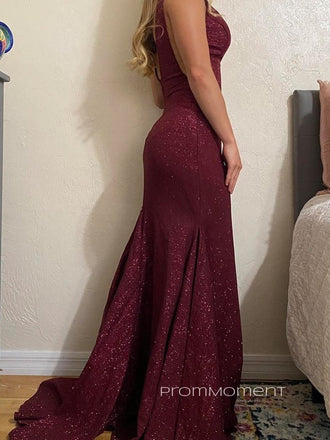V-neck Straps Sparkly Mermaid Long Evening Prom Dresses, Sleeveless Prom Dress, PM0595