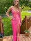 Sparkly Spaghetti Straps V-neck Mermaid Long Evening Prom Dresses, Side Slit Sequins Prom Dress, PM0598