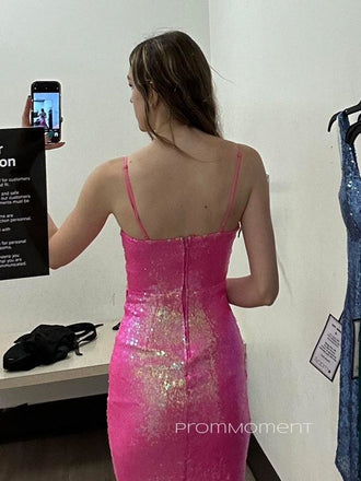 Sparkly Spaghetti Straps V-neck Mermaid Long Evening Prom Dresses, Side Slit Sequins Prom Dress, PM0598