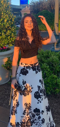 Two Pieces Off Shoulder Long Evening Prom Dresses, V-neck Black White Prom Dress, PM0602