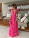 Hot Pink Deep V-neck Straps A-line Long Evening Prom Dresses, Backless Sleeveless Tulle Prom Dress, PM0604