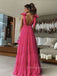 Hot Pink Deep V-neck Straps A-line Long Evening Prom Dresses, Backless Sleeveless Tulle Prom Dress, PM0604