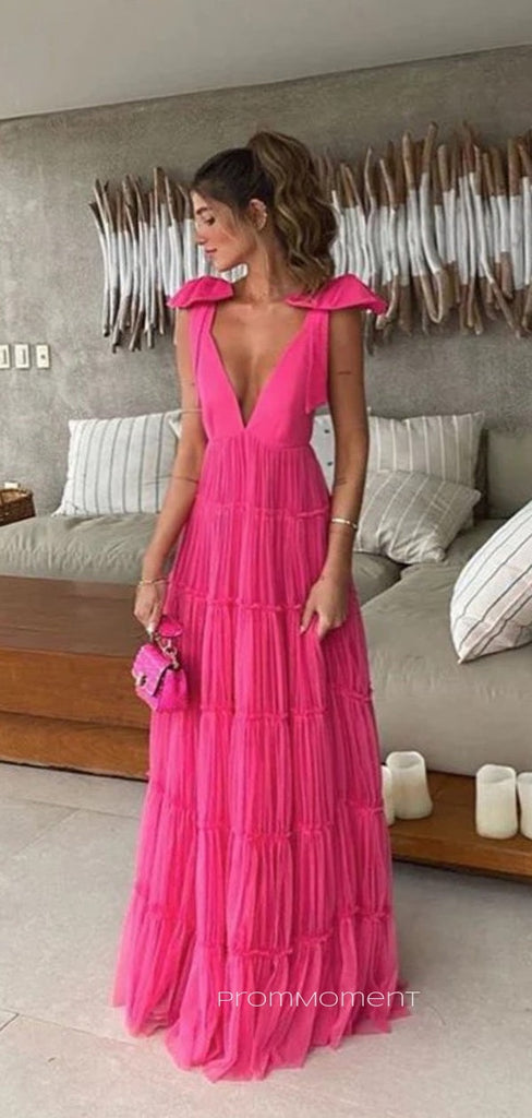 Hot Pink Deep V-neck Straps A-line Long Evening Prom Dresses, Backless Sleeveless Tulle Prom Dress, PM0604