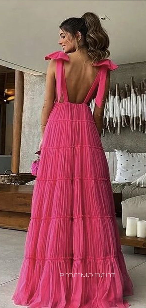 Hot Pink Deep V-neck Straps A-line Long Evening Prom Dresses, Backless Sleeveless Tulle Prom Dress, PM0604