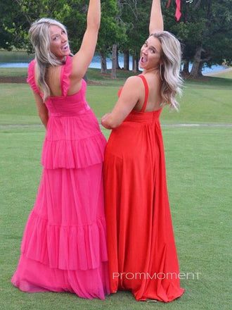 Straps V-neck A-line Long Evening Prom Dresses, Backless Sleeveless Tulle Prom Dress, PM0605