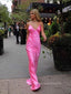 Sexy V-back Spaghetti Straps Mermaid Long Evening Prom Dresses, Deep V-neck Hot Pink Satin Prom Dress, PM0607