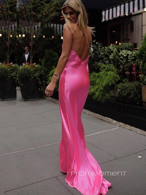 Sexy V-back Spaghetti Straps Mermaid Long Evening Prom Dresses, Deep V-neck Hot Pink Satin Prom Dress, PM0607