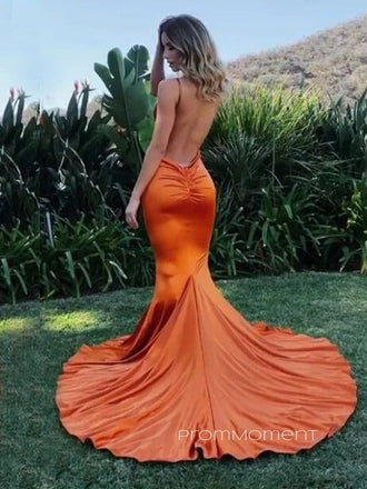 Sheath Backless Deep V-neck Mermaid Long Evening Prom Dresses, Floor-length Satin Prom Dress, PM0608